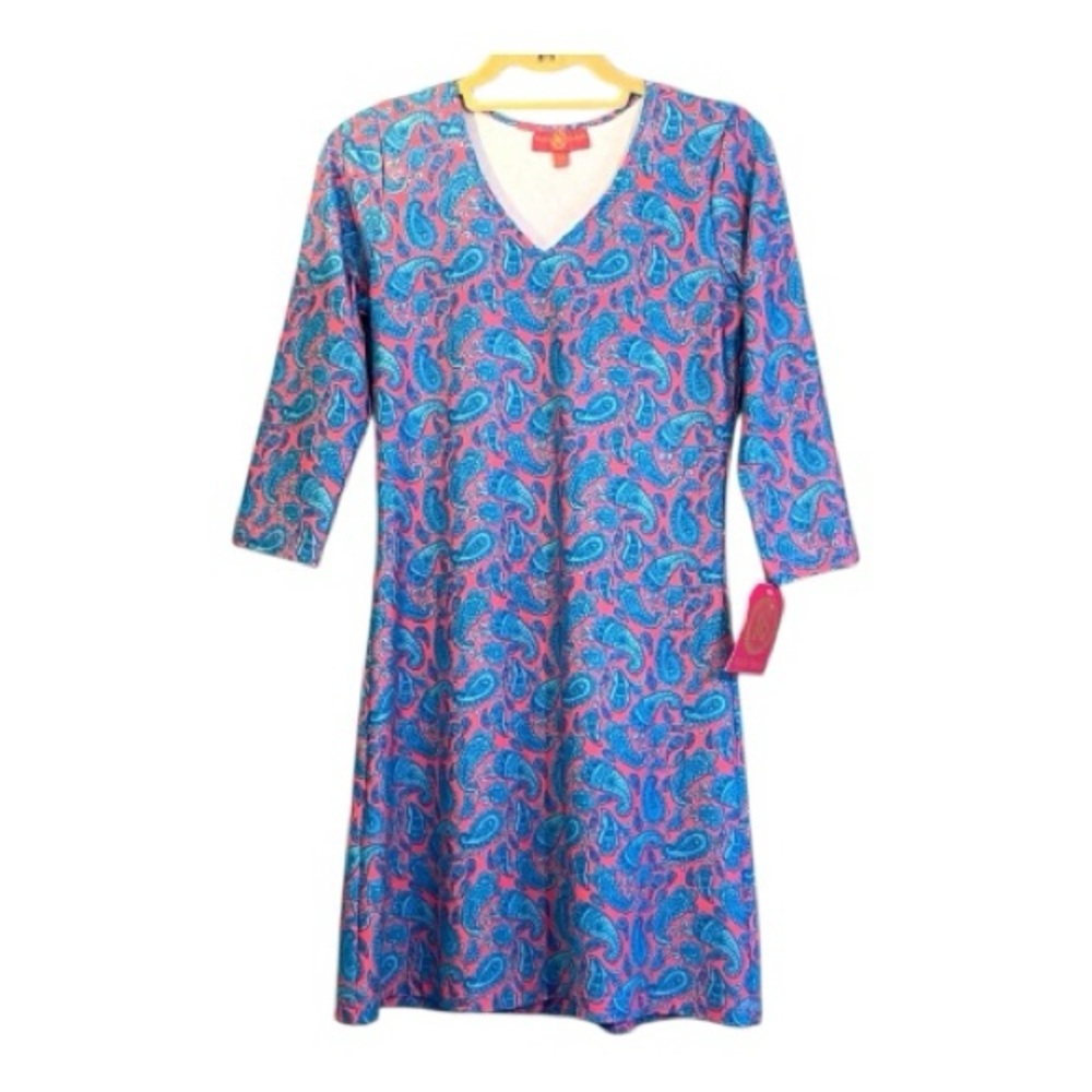 NWT Kaeli Smith Lulu V Neck Blue Pink Pansy Paisley 3/4 Sleeve Dress Sz …